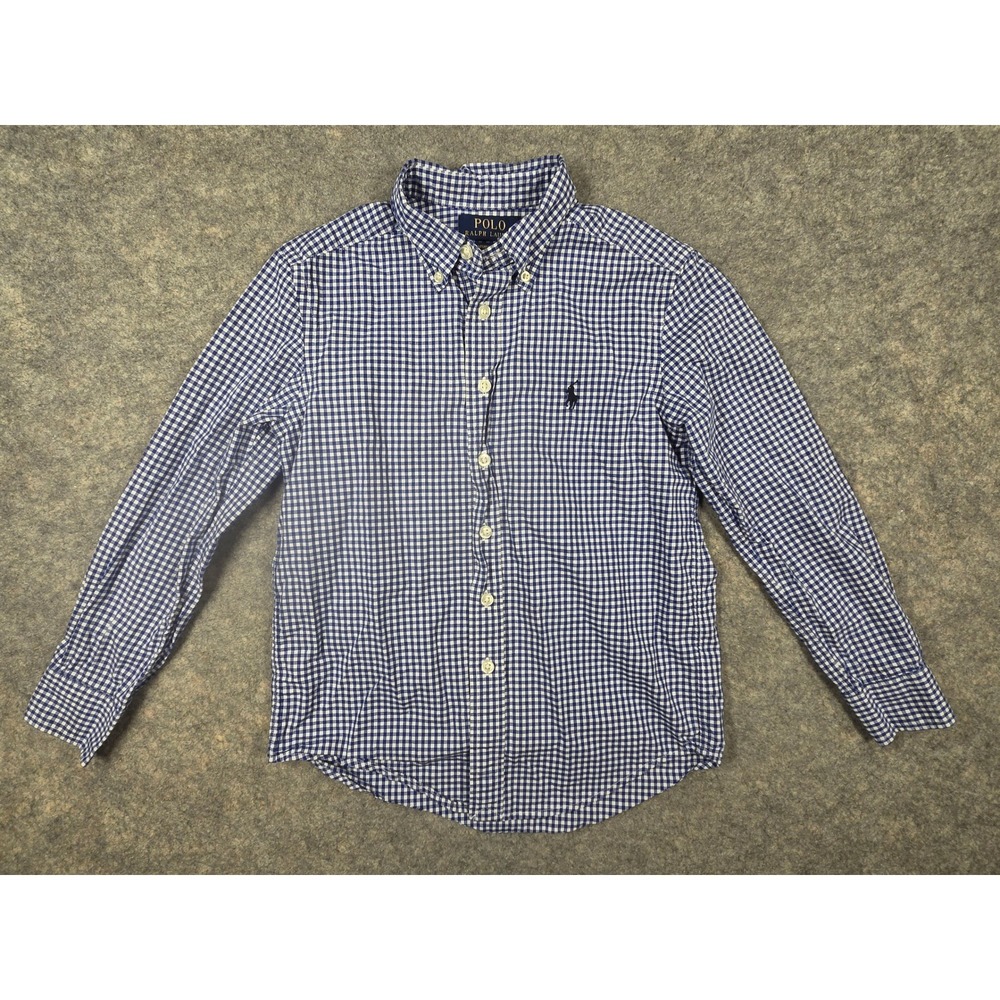 Polo Ralph Lauren Boys Blue Gingham Button Down Shirt Size S 8 Natural Stretch